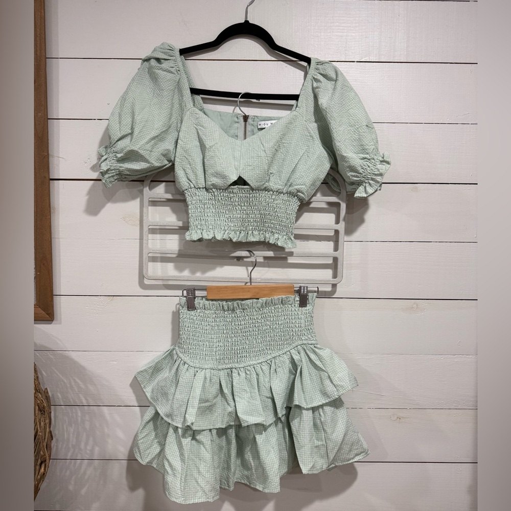 Sage Smocked Crop Top and Skirt Set